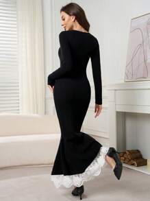 Modelyn Women's Solid Color Button Front Long Sleeve Casual Long Dress - Black - View 2