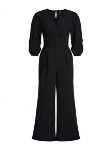 Pariaura Women's V-Neck Pleated Solid Long Sleeve Jumpsuit - Black - View 6