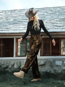 LanaWest Women's Street Leopard Print Vintage Casual Drawstring Waist Loose Straight Leg Sweatpants