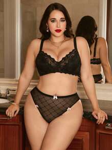 SHEIN Plus Size Women Bow Detail Sheer Sexy Panty - Black - View 4