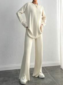 SHEIN Tall Casual minimalist enfärgat set med raglanärmströja och byxor i 2 delar, höst/vinter, för långa kvinnor, loungewear, krämvit - Beige - Visa 1