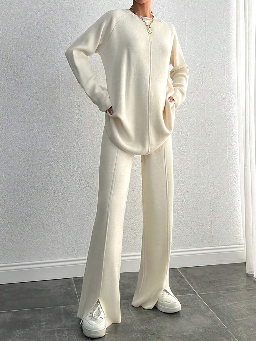 SHEIN Tall Casual minimalist enfärgat set med raglanärmströja och byxor i 2 delar, höst/vinter, för långa kvinnor, loungewear, krämvit - Beige - Visa 1