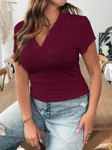 SHEIN Essnce Plus Size Women's Summer And Autumn Casual Comfortable POLO Collar Red Short-Sleeved Plain Teacher Fitted T-Shirt, Curve Tops, Back To School Basic Burgundy Top, New Year, Summer