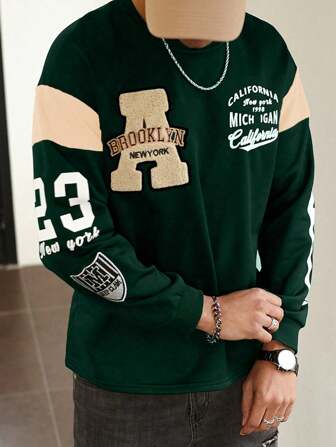 Manfinity Campus Court 男士休闲街头风格字母和数字印花落肩宽松长袖 T 恤，春/秋，秋季