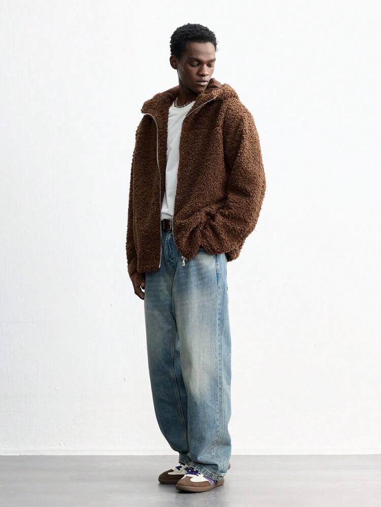 SHEIN Maija Men's 2025 New Brown Thermal Lined Loose Lapel Hooded Jacket, Simple Fashionable Casual Suitable For Daily, New Year, Holiday Party, Christmas, Work Commute