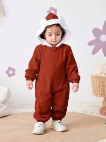 SHEIN Bộ đồ liền thân trùm đầu bằng vải nhung kẻ cho bé gái sơ sinh, thiết kế màu ấm áp cho mùa thu/đông - Nhiều màu - Xem 6
