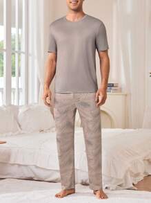 Men's Crew Neck Short Sleeve Simple Top And Pants Pajama Set - Multicolor - View 6