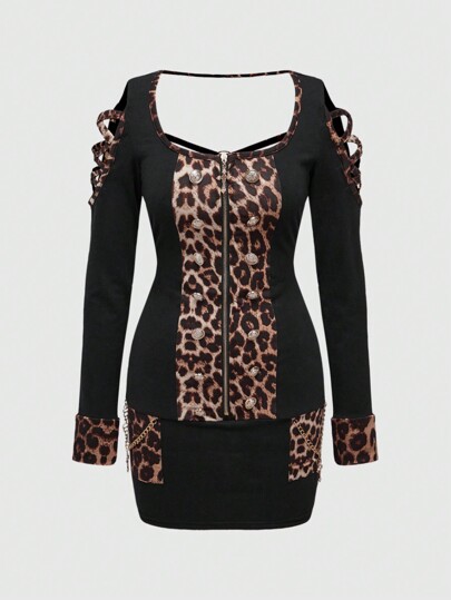Grunge Punk Vestido corto con detalles de estampado de leopardo de la serie GAL, para mujeres