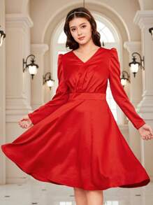 Váy suông tay bồng Giáng sinh cho bé gái tuổi teen - Đỏ - Xem 1