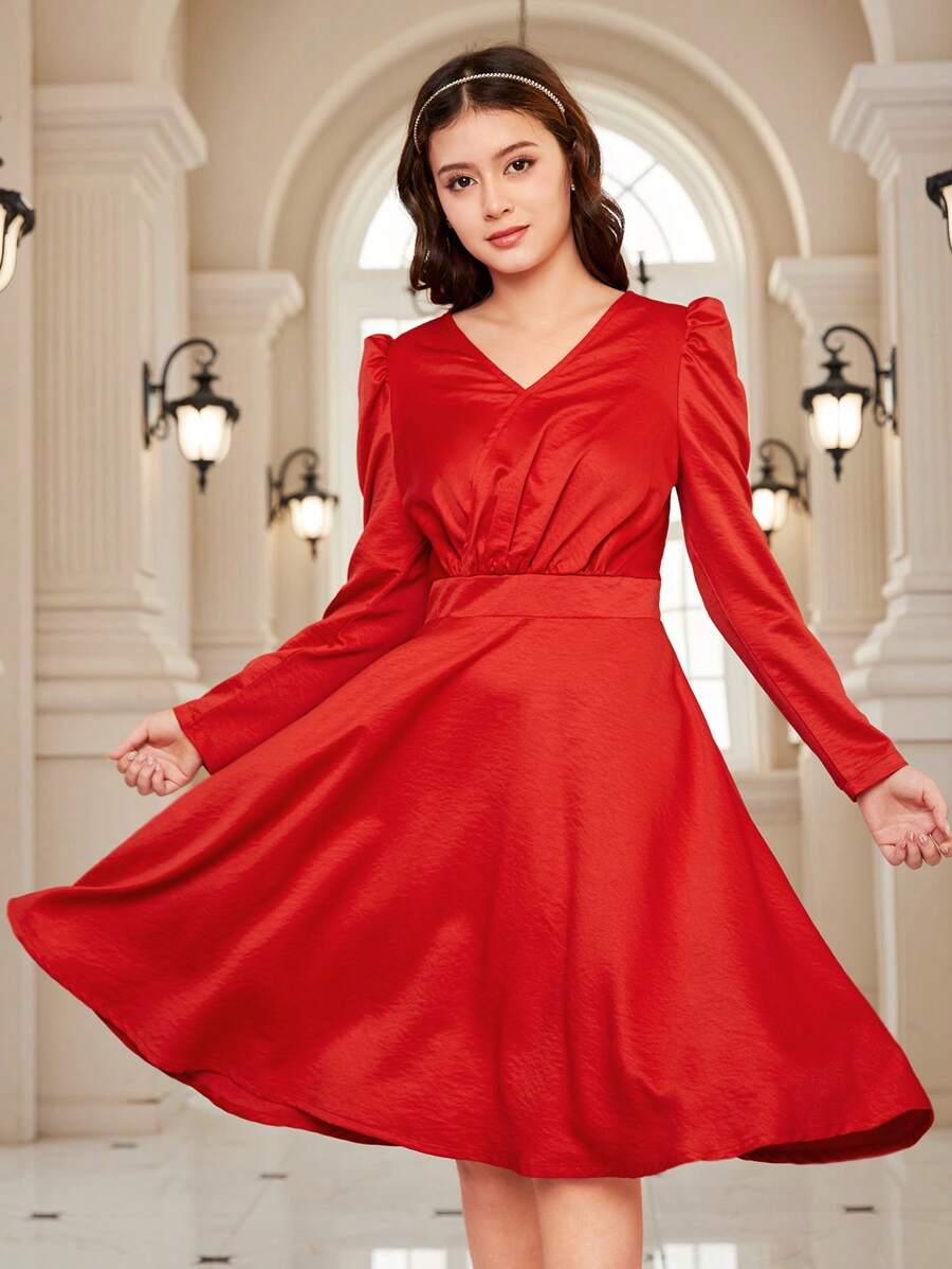 Váy suông tay bồng Giáng sinh cho bé gái tuổi teen - Đỏ - Xem 1