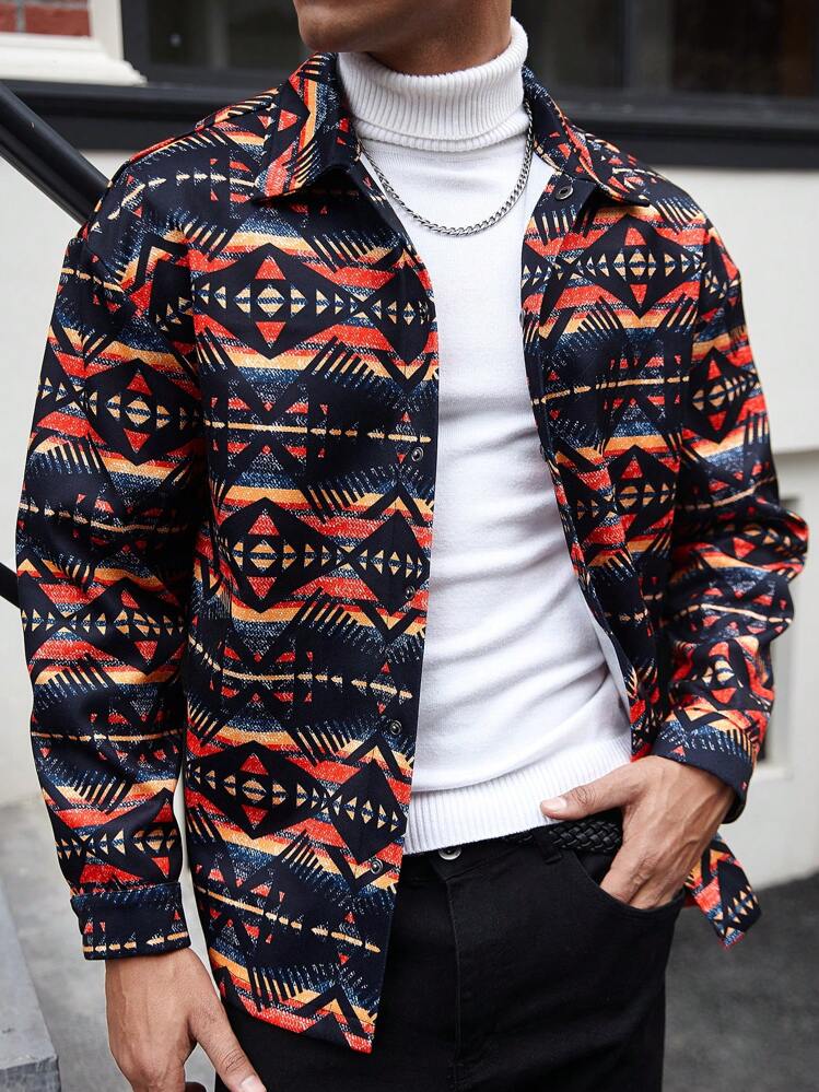 Manfinity EMRG Men's Geometric Pattern Long Sleeve Single-Breasted