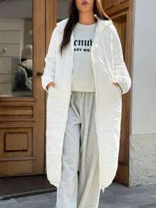 SHEIN EZwear Autumn/Winter All-Match Versatile Casual White Thermal Function Quilted Long Hooded Padded Coat