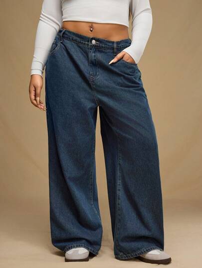 Forever 21 Plus Size Women Solid Color Wide Leg Loose Washed Blue Boyfriend Jeans