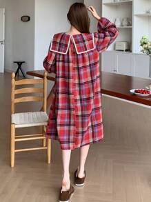 DAZY Cute Plaid Ruffle Trim Lantern Sleeve Nightgown - Red - View 2
