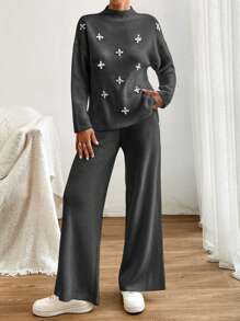 EURMUSE Women Sweater With Pearl Detailed And Knit Pant - Dark Grey - View 3