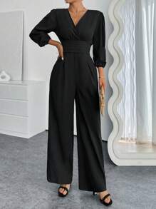 Pariaura Women's V-Neck Pleated Solid Long Sleeve Jumpsuit - Black - View 5