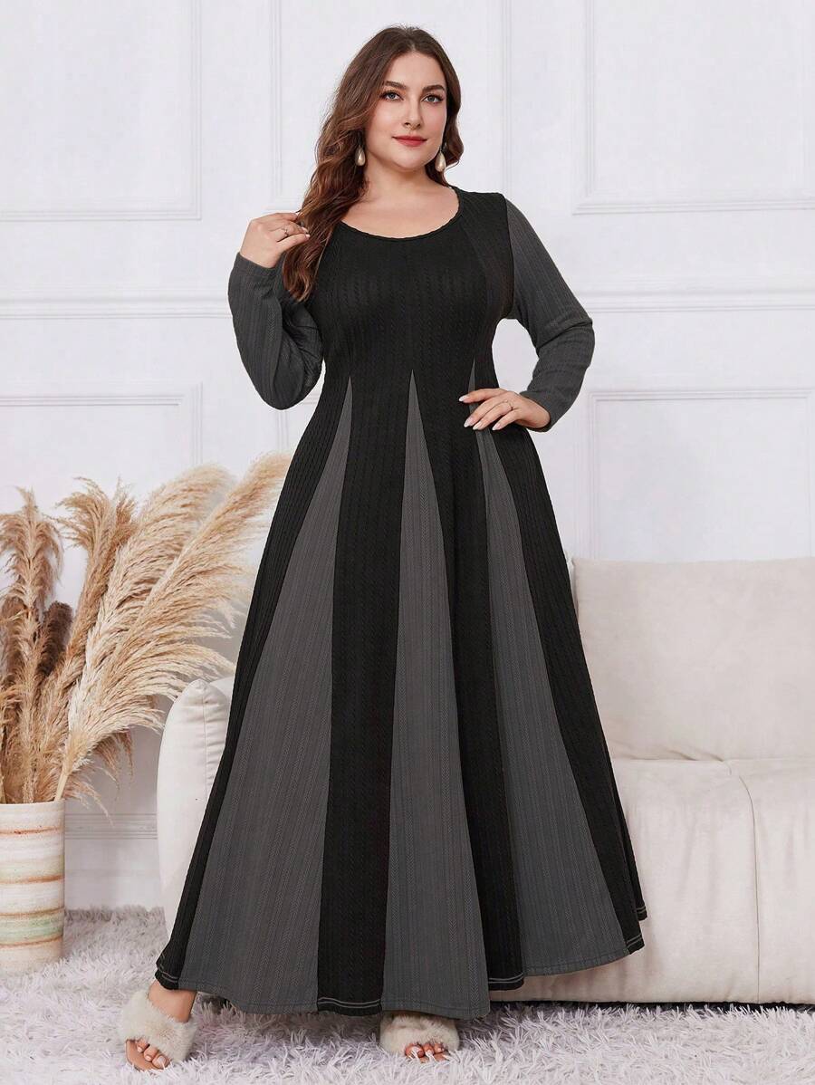 Al Najma 大码优雅拼色拼接连衣裙，适合秋季长款女装