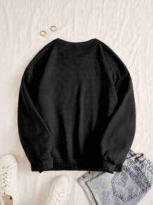 SHEIN EZwear Áo nỉ dày cổ tròn in họa tiết chấm bi và chữ đơn giản, giản dị, thu/đông - màu đen - Xem 2