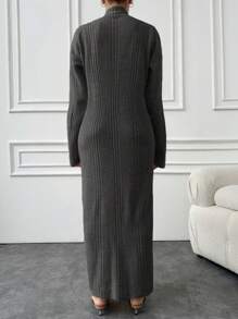 EURMUSE Cotton Solid Color Turtleneck Ribbed Knit Sweater Dress - Dark Grey - View 2