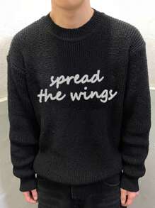 DAZY Men's Casual Letter Print Knitted Sweater, Autumn/Winter - Black - View 1