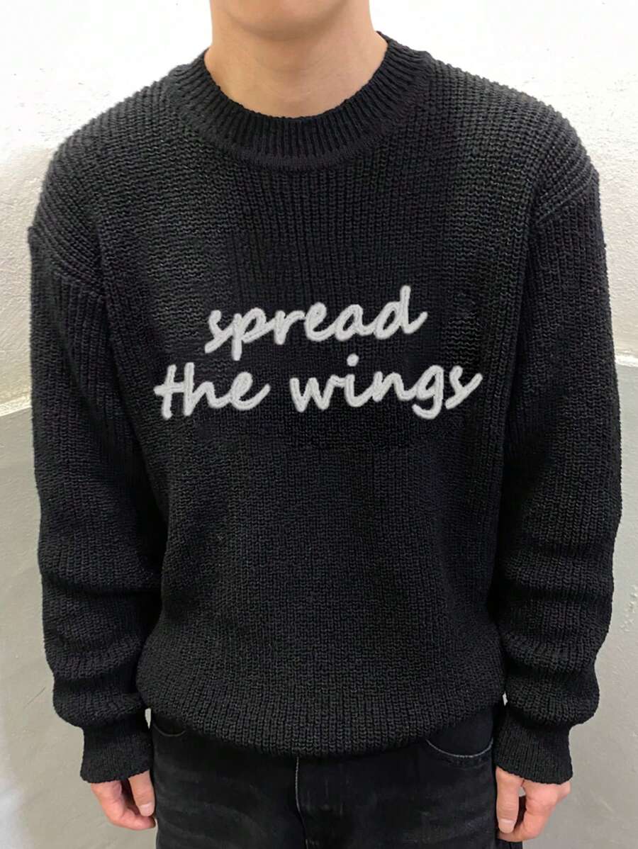 DAZY Men's Casual Letter Print Knitted Sweater, Autumn/Winter - Black - View 1