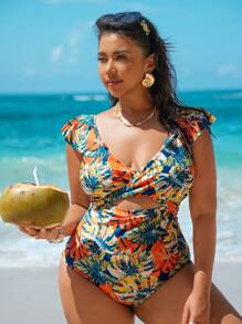 Swim Lushoire Plus Size Spaghetti Strap Floral Print One Piece Swimsuit Summer