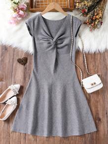 SHEIN Teen Girl Bowknot Short Sleeve Off Shoulder Sweater Dress, Suitable For Parties And Balls, Elegant Solid Gray Color, And Graceful A-Line Dress - Grey - View 1