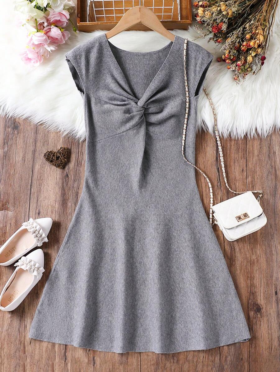 SHEIN Teen Girl Bowknot Short Sleeve Off Shoulder Sweater Dress, Suitable For Parties And Balls, Elegant Solid Gray Color, And Graceful A-Line Dress - Grey - View 1