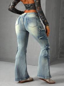 SHEIN ICON Jeans de mezclilla casuales y versátiles con múltiples bolsillos y vuelo para mujer