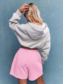 MISSGUIDED Pantalones cortos con cordón y logotipo en relieve, pantalones cortos de felpa femenina - Rosa - Ver 2