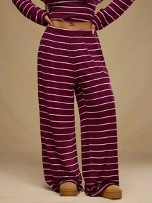 Forever 21 大码冬季宽松条纹休闲百搭舒适勃艮第针织阔腿新年圣诞裤（不含上衣）