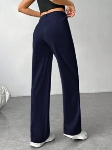 SHEIN EZwear 女士纯色前扣简约休闲长裤，适合日常穿着