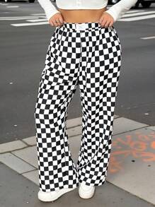 SHEIN EZwear 大码格子口袋松紧腰宽松阔腿裤 - 黑與白 - 查看 1