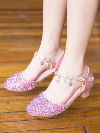 Girls' High Heel Shoes, Silver Crystal Princess Shoes For Small Model, Stage Performance, Dance Show And Formal Dress