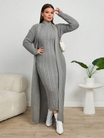 EURMUSE Set de rochii pulover fără mâneci cu guler lung, cu mânecă lungă, cu umăr căzut și rochie, toamnă/iarna