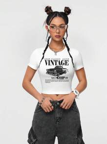 SHEIN EZwear 3pcs Set Classic Car & Motorcycle Print Crew Neck Tight Cropped T-Shirts For Women, Suitable For Summer - Multicolor - View 3