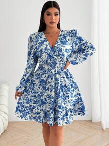 SHEIN Franclia 大码女式花卉印花褶皱长袖腰带优雅连衣裙 - 藍色 - 查看 8