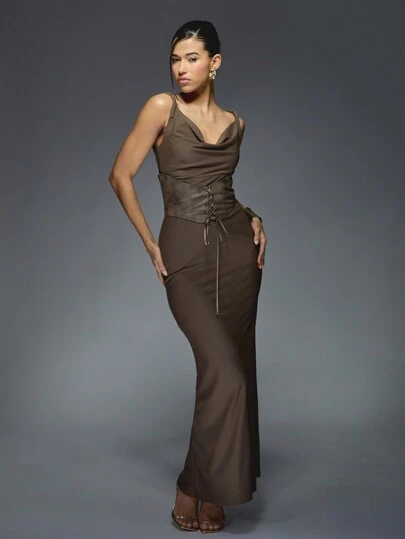 slim fit dress slacks Bebe Women's Faux Leather Lace Inset Flare Dress main image 1