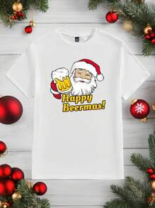 Manfinity Homme 圣诞节圣诞老人喝啤酒印花男式休闲白色 T 恤 - 白色 - 查看 2