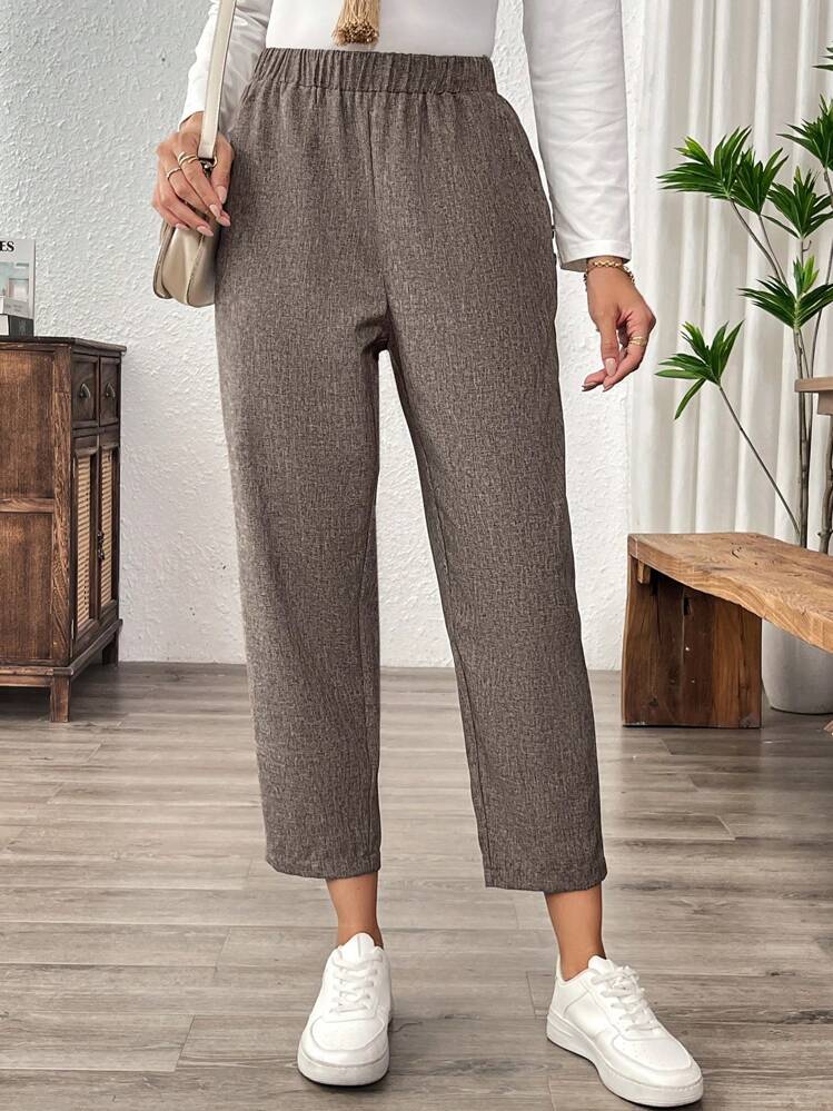 EMERY ROSE Women's Woven Texture Button Decor Pocket 7/8 Pants, Casual & Elegant - Brown - View 4