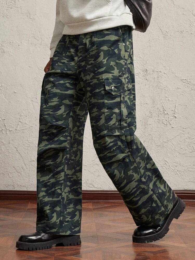 Men's Woven Camouflage Print Mid-Waist Straight Leg Casual Pants, Going Out Long Baggy Pants, Suitable For Autumn, Husband, Boyfriend Gifts