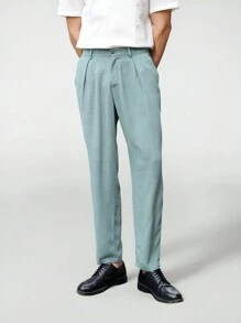 Mainfolk Men's Woven Solid Color Long High-Waisted Straight-Leg Suit Pants, Casual Wear For Spring And Summer - Green - View 4