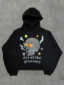 Manfinity NXTstreet Sudadera con capucha casual con estampado de calavera y letras para hombres, sudadera con capucha negra de manga larga con gráficos, para regalos a amigos, esposo, novio, para otoño e invierno - Negro - Ver 1