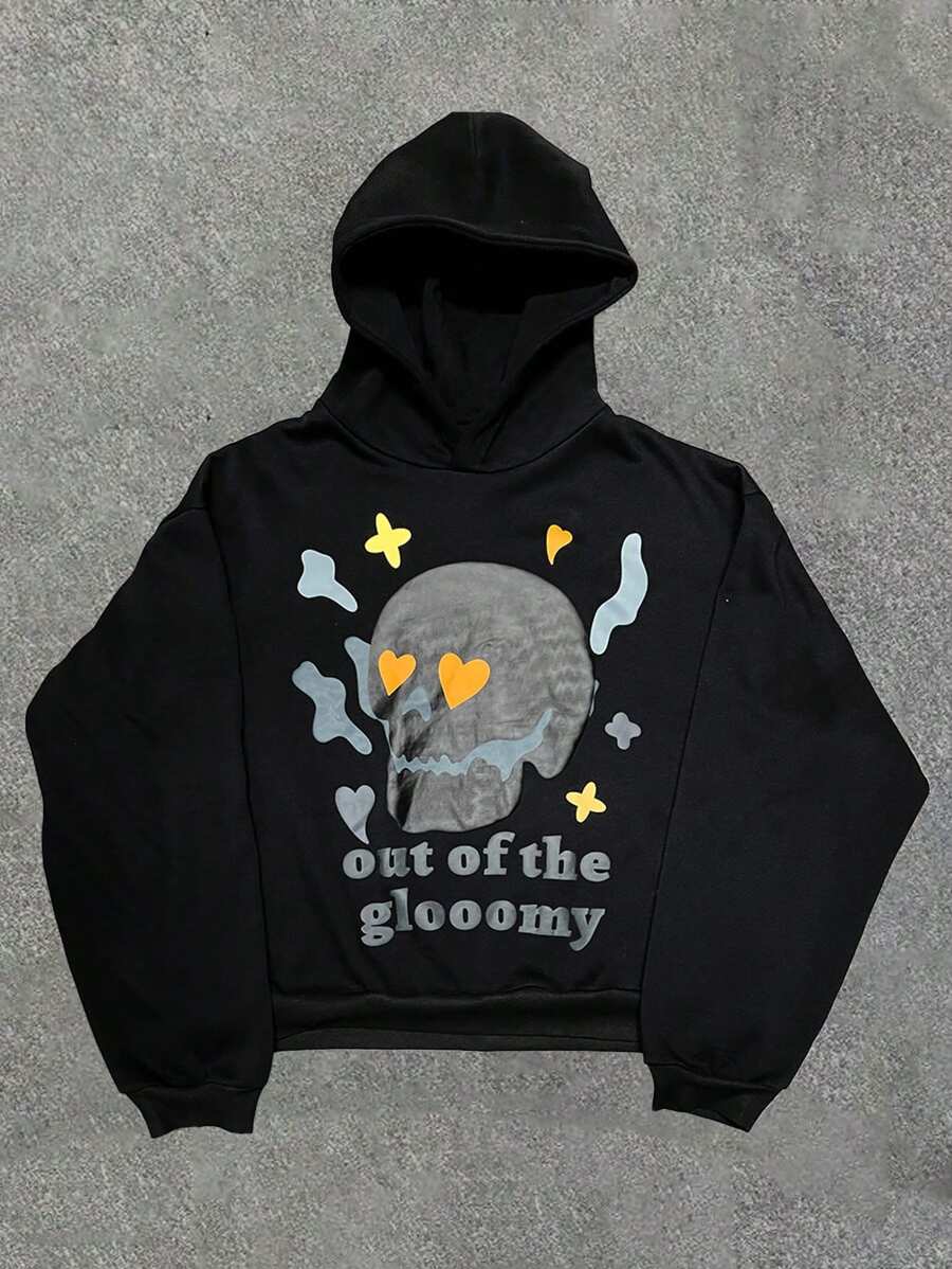 Manfinity NXTstreet Sudadera con capucha casual con estampado de calavera y letras para hombres, sudadera con capucha negra de manga larga con gráficos, para regalos a amigos, esposo, novio, para otoño e invierno - Negro - Ver 1