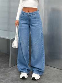 RueChic Jeans droits décontractés avec boutons avant et poches, pour une utilisation quotidienne des femmes