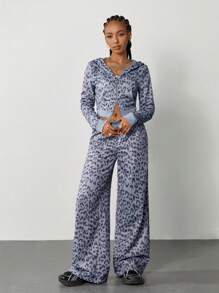 SHEIN EZwear Women's Vintage Leopard Y2K Casual Pu Trousers For Back To School