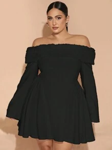 SHEIN BAE Vestido de mujer talla grande, súper versátil, con ribete esponjoso crema, corte A con costilla elástica, perfecto para fiestas o uso diario, estilo dulce - Negro - Ver 3