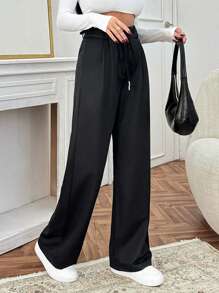 EURMUSE Women's Solid Drawstring Wide Leg Pants - Black - View 4