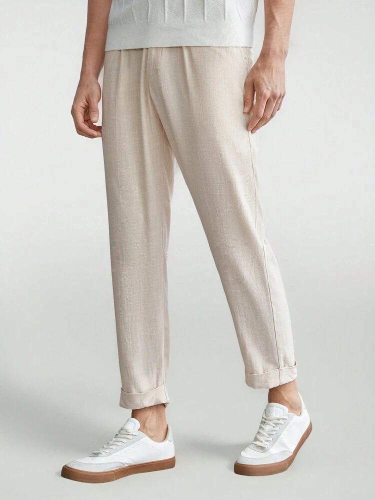 Solid Color Weaved Men\ Casual Suit Trousers With Pockets