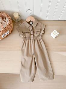 SHEIN LMoss Kids Baby Girl Cute Beige Short Sleeve Cinched Waist Jumpsuit, Collared, Summer - Camel - View 5